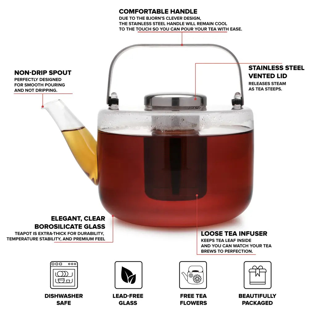 Bjorn™ Glass Teapot w/ Loose Leaf Tea Infuser - 22 oz / .65L